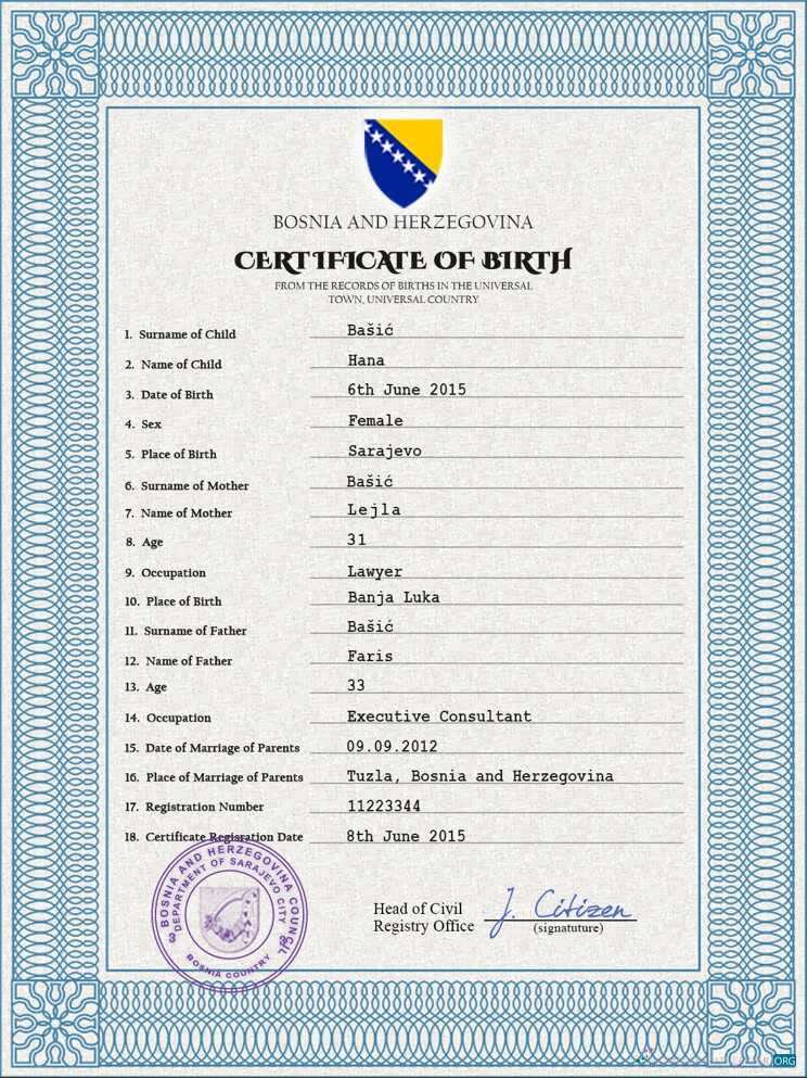 Download Bosnia and Herzegovina birth certificate PSD template Photoshop template